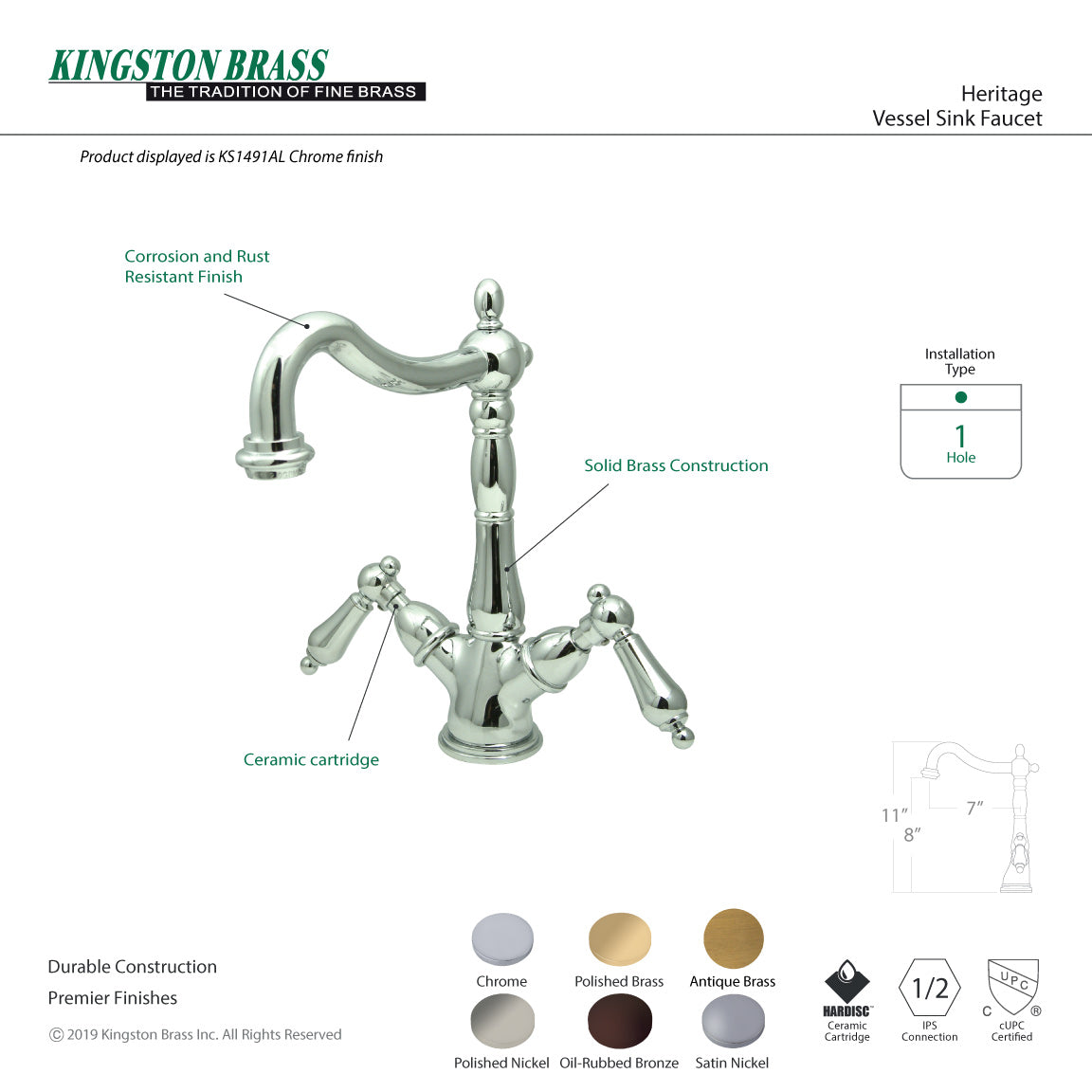 Kingston Heirloom KS1498AL - Heritage Two-Handle 1-or-3 Hole Deck Mount Vessel Faucet, Brushed Nickel — thumbnail 3
